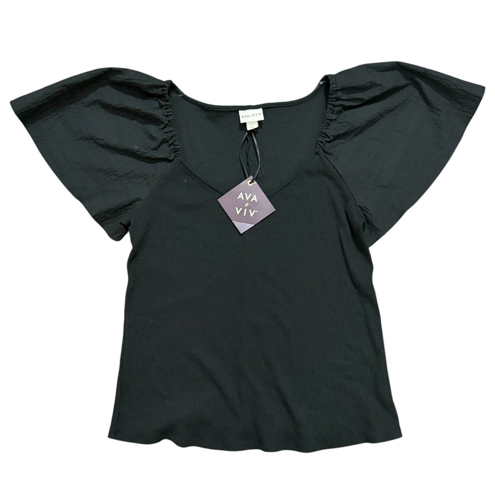Ava & Viv Office Siren Black Ribbed V-Neck Flutter Sleeve Blouse NWT Plus Size X